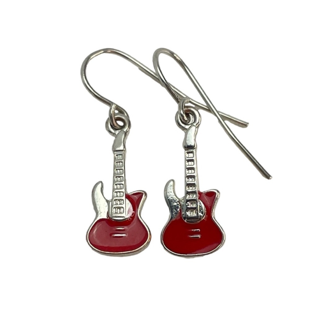 Red and Silver Tone Enamel Guitar Dangle Earrings